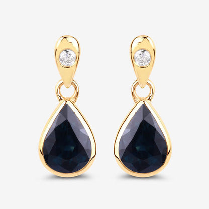 1.65 Carat Genuine Blue Sapphire and White Diamond 10K Yellow Gold Earrings