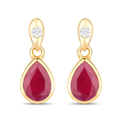 1.65 Carat Genuine Ruby and White Diamond 10K Yellow Gold Earrings