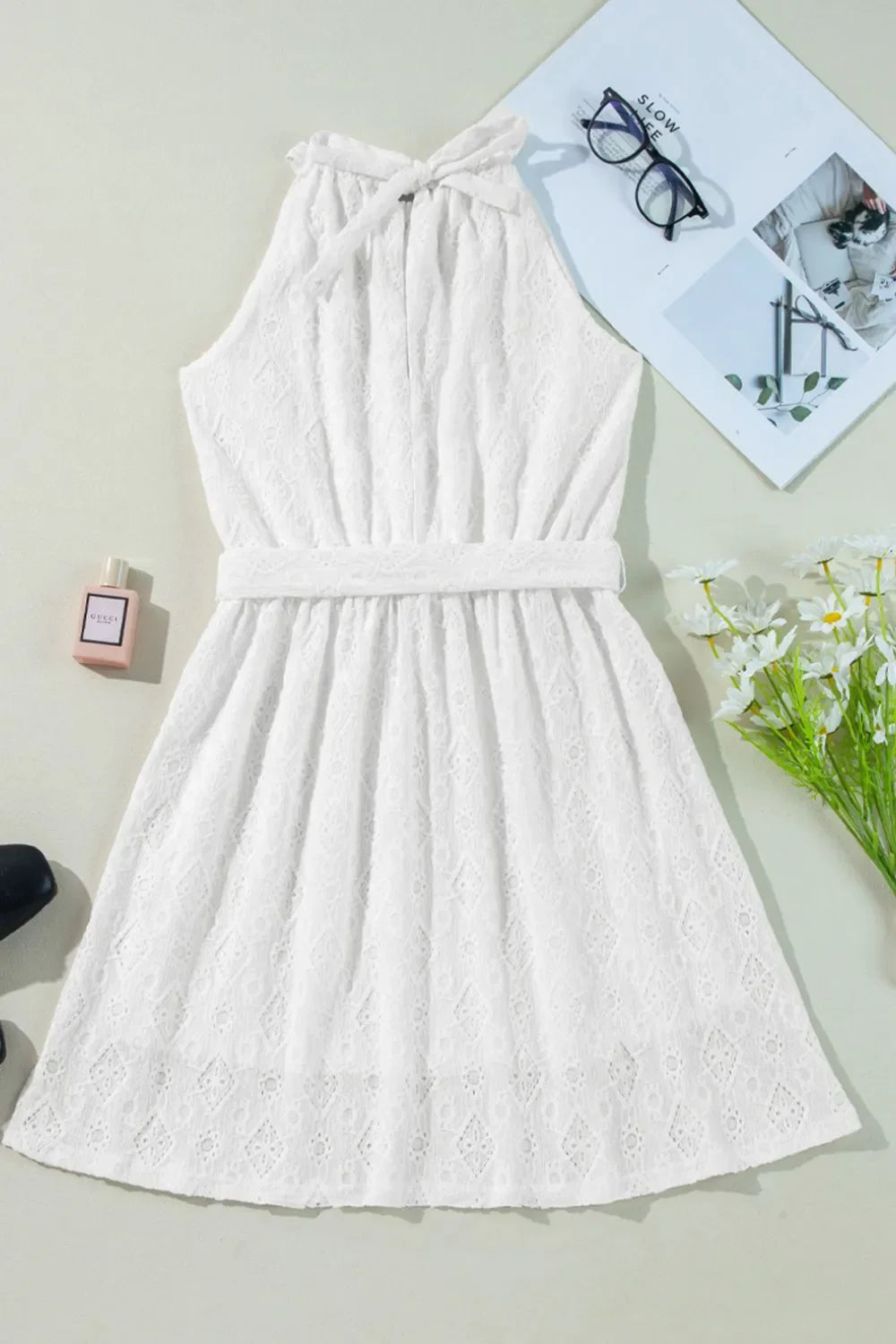Lace Sleeveless Tied Waist Mini Dress