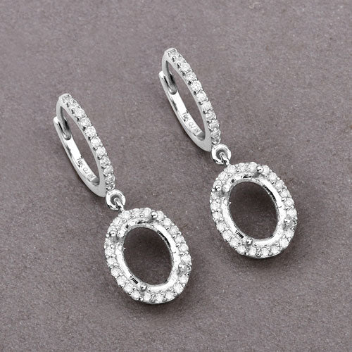 0.32 Carat Genuine White Diamond 14K White Gold Semi Mount Earrings - holds 8x6mm Oval Gemstones
