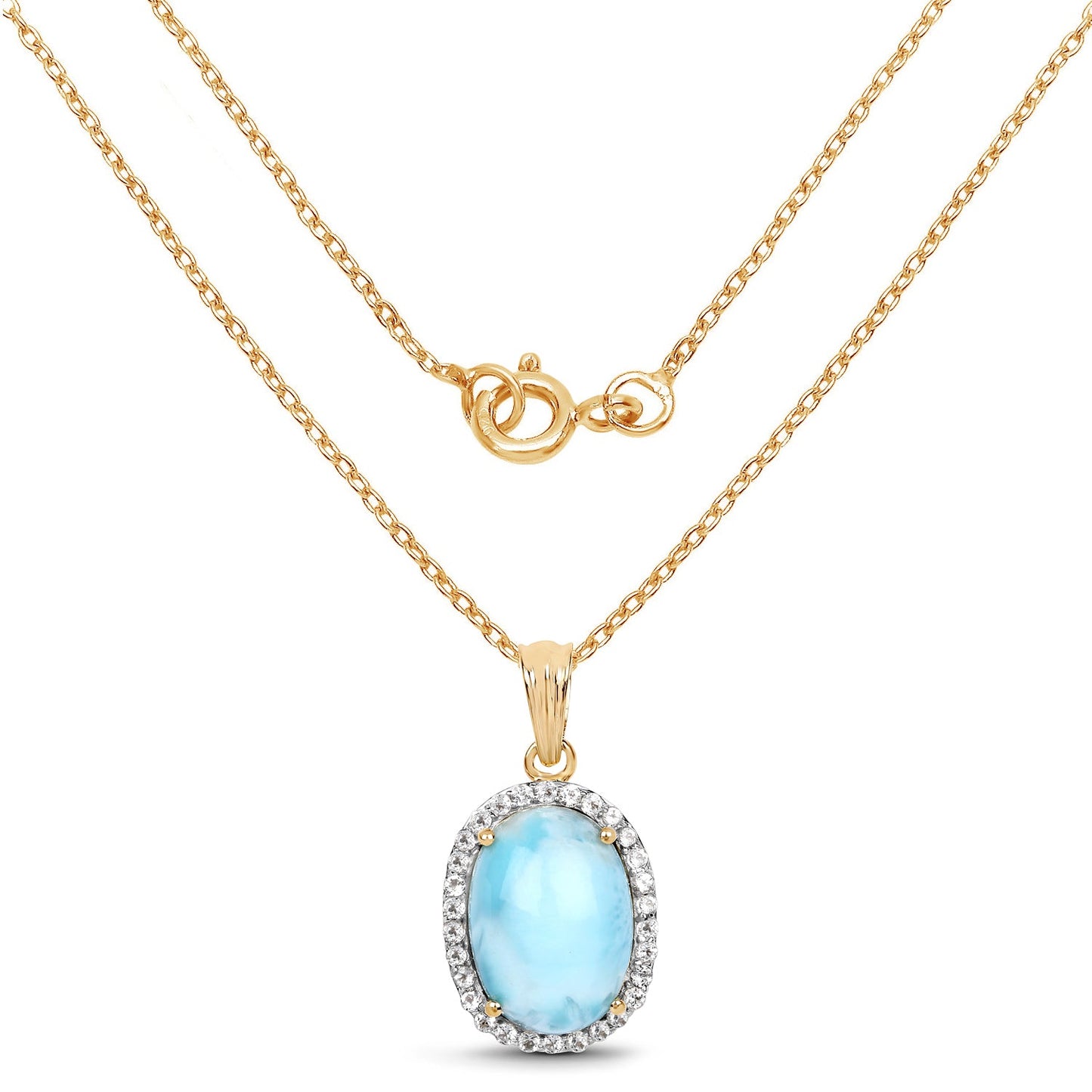 14K Yellow Gold Plated 13.55 Carat Genuine Larimar and White Topaz .925 Sterling Silver Pendant