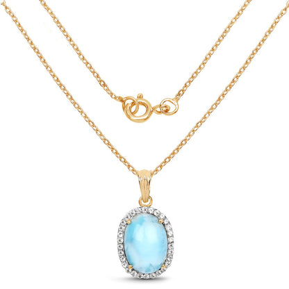 14K Yellow Gold Plated 13.55 Carat Genuine Larimar and White Topaz .925 Sterling Silver Pendant
