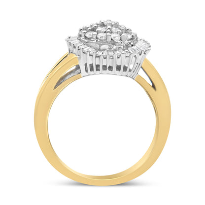 14K Yellow and White Gold 1.00 Cttw Round and Baguette-Cut Diamond Ballerina Cocktail Ring (H-I Color, SI2-I1 Clarity)