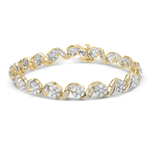 Bracelet maillons floraux en or jaune 10 carats, diamants taille ronde et baguette 5,00 carats total, 7,25" (couleur I-J, pureté I2-I3)