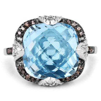 8.29 Carat Genuine Swiss Blue Topaz, Champagne Diamond and White Diamond .925 Sterling Silver Ring