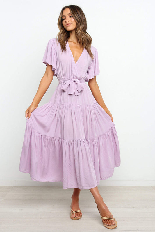 Tied Back Tiered Short Sleeve Midi Dress