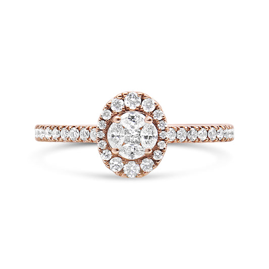 Bague de fiançailles en or rose 18 carats, sertie d'un diamant marquise composite de 0,5 carat et d'un halo ovale (couleur F-G, pureté VS1-VS2) - Taille 7