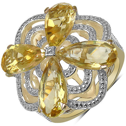 14K Yellow Gold Plated 8.81 Carat Genuine Citrine & White Diamond .925 Sterling Silver Ring
