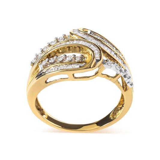 Bague tourbillon en or jaune 10K sertie de diamants ronds et baguettes 1/2 carats (couleur H-I, pureté SI2-I1) - Taille 7