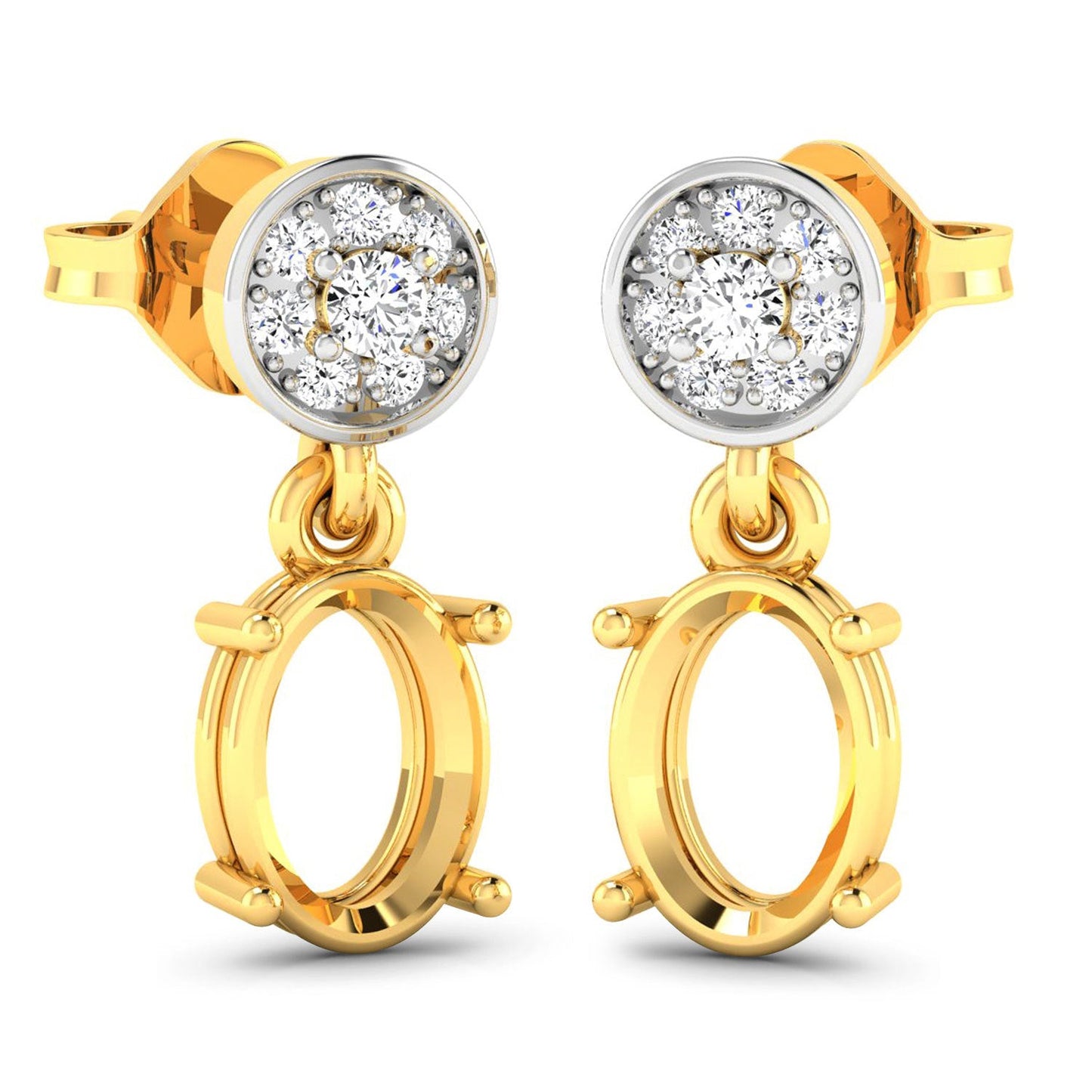 0.11 Carat Genuine White Diamond 14K Yellow Gold Semi Mount Earrings - holds 7x5mm Oval Gemstones