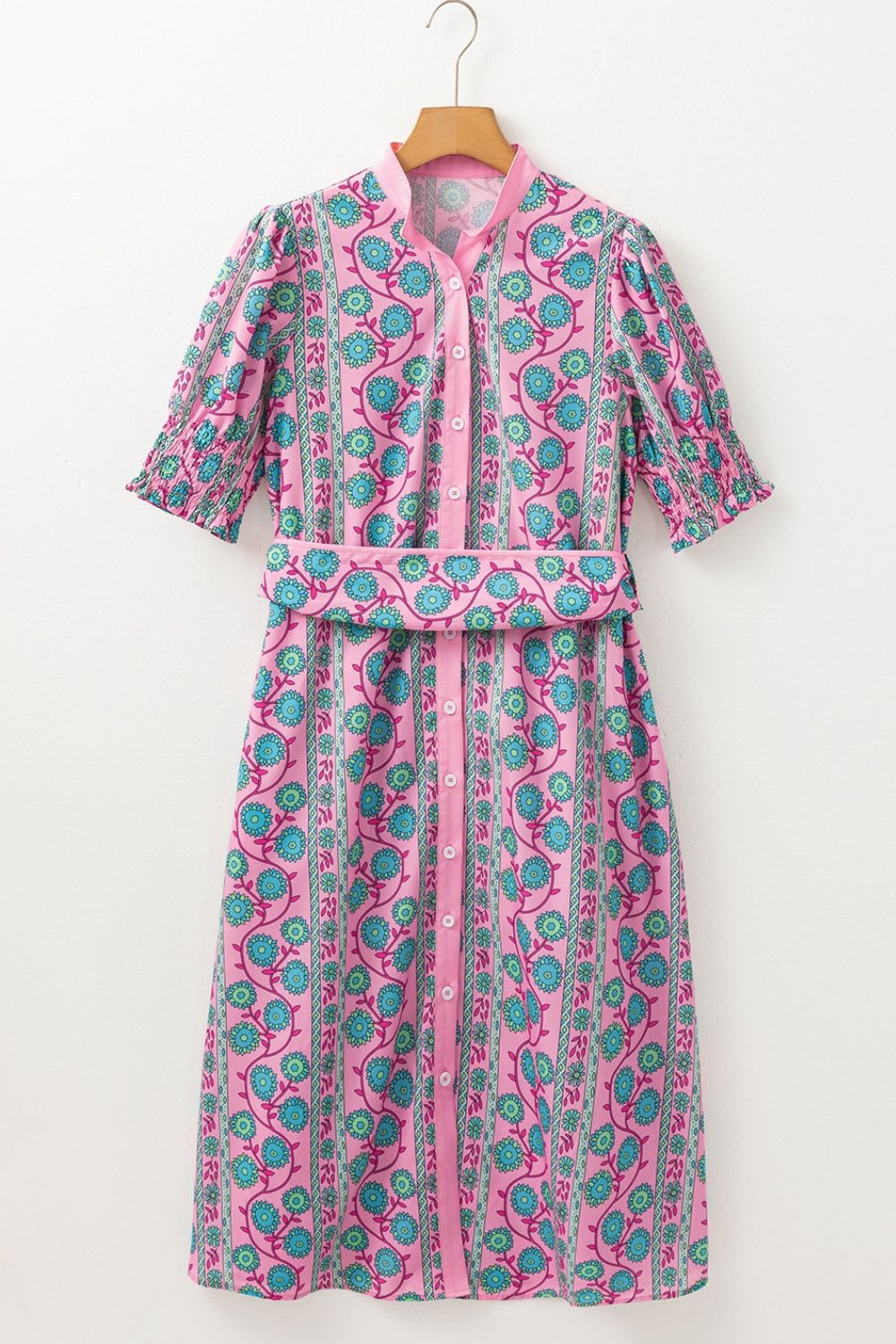 Printed Shirred Sleeve Buttoned Front Midi Dress with Sash