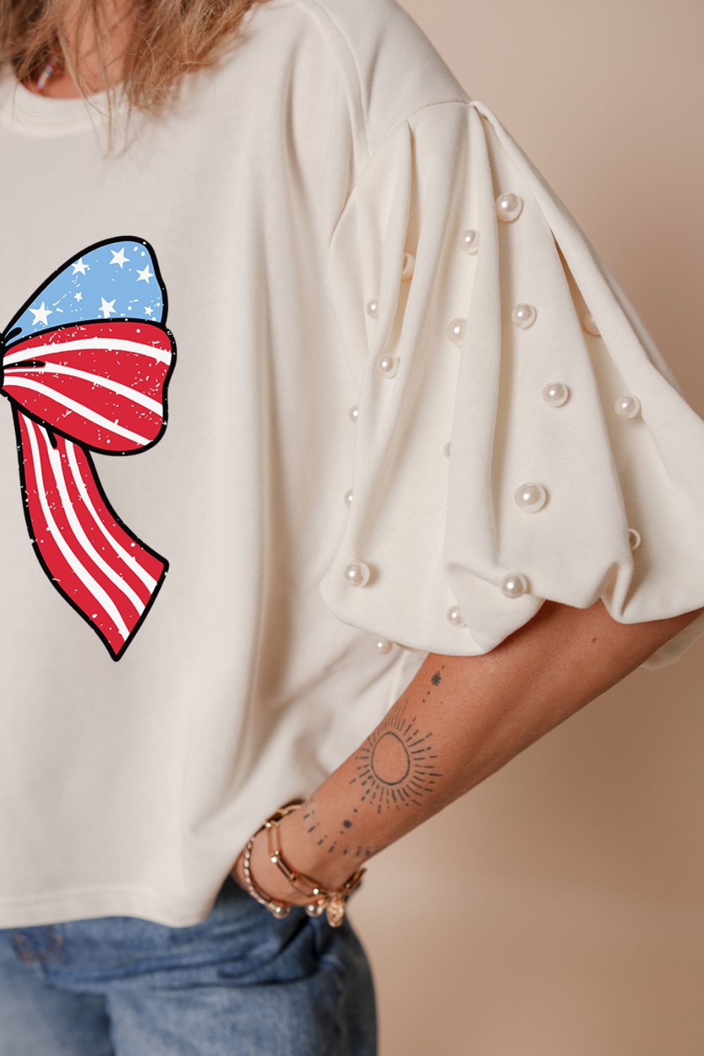 Bowknot Graphic Pearl Puff Half Sleeve T Shirt