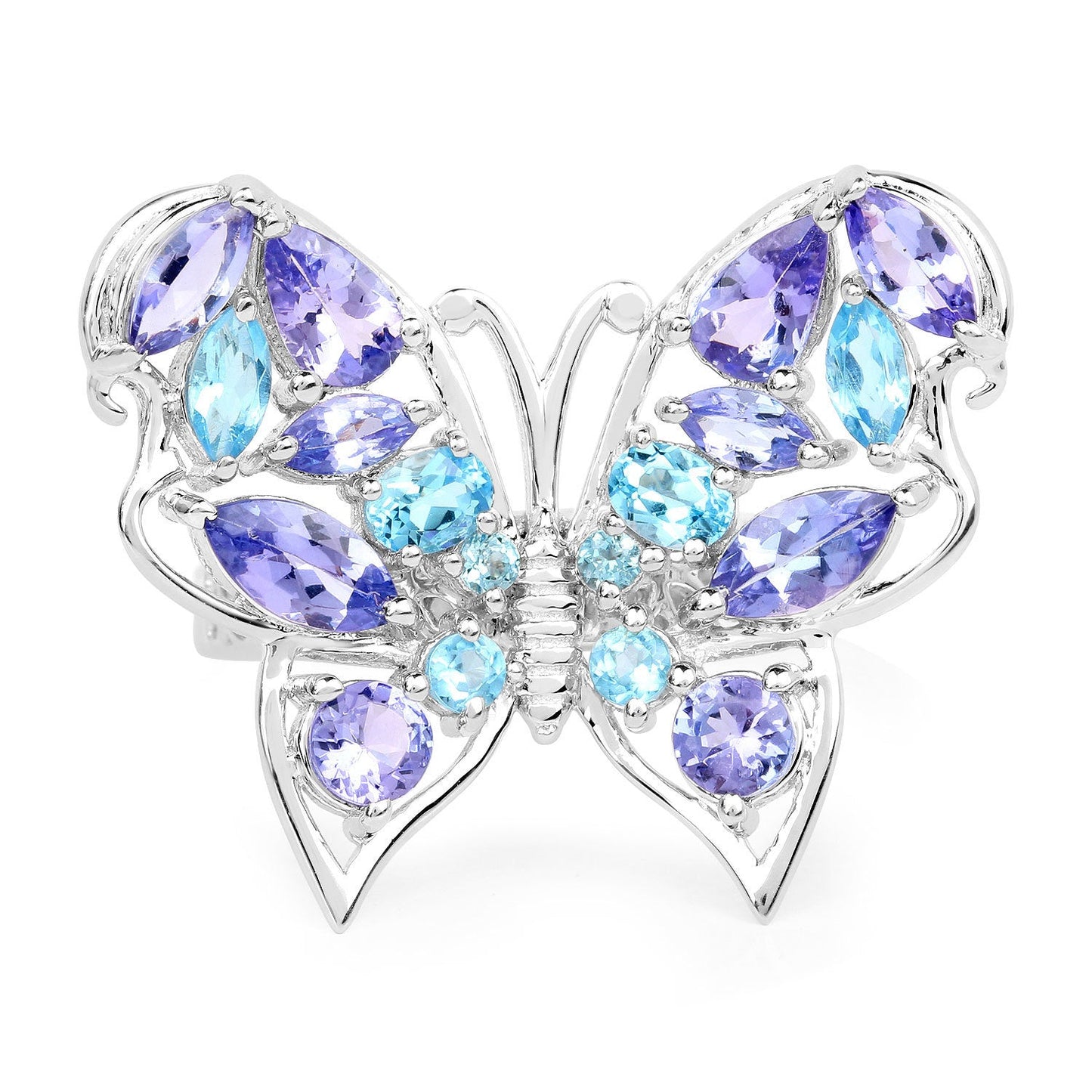 3.60 Carat Genuine Tanzanite and Swiss Blue Topaz .925 Sterling Silver Ring