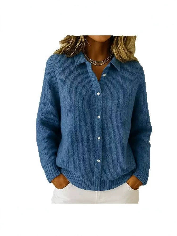 2026 New European And American Cross-Border Turn-Down Collar Solid Color Sweater Cardigan European And American Cross-Border Casual Knit Jacket For Women In Autumn And Winter
