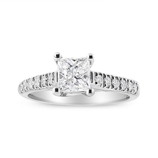 Bague de fiançailles classique 4 griffes en or blanc 14 carats, diamant princesse 1,20 carat (couleur I1-I2, pureté H-I) Taille 7