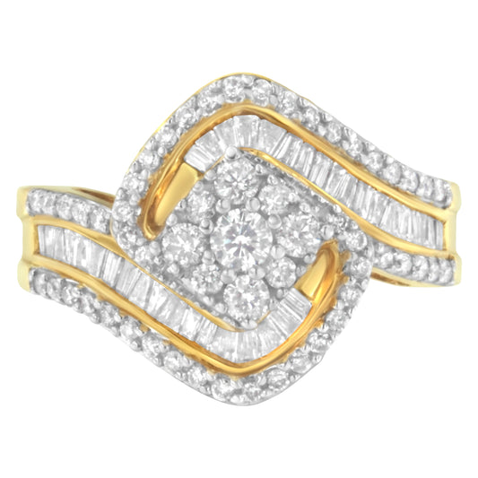 Bague de fiançailles ou bague mode grappe florale ronde en or jaune 14 carats, diamants taille baguette et brillants de 1,0 carat total (couleur H-I, pureté SI2-I1), avec bande torsadée triple rang - Taille 6-3/4