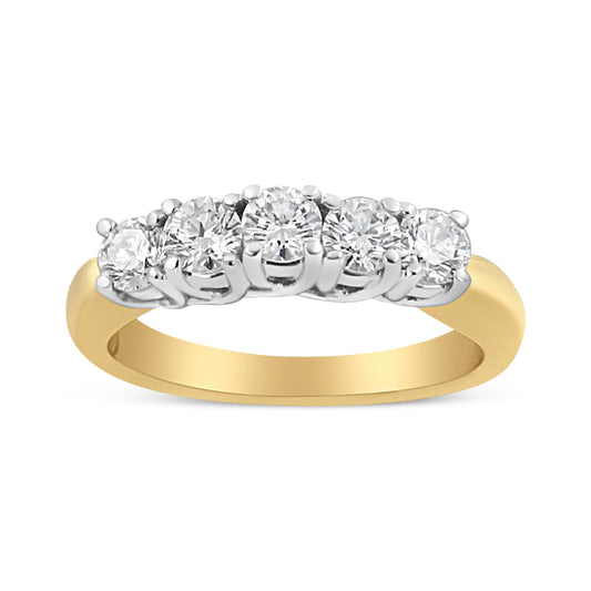 Bague en or jaune 18 carats avec 5 diamants ronds de 1 carat au total sertis 4 griffes (couleur F-G, pureté SI1-SI2) - Taille 6