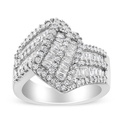 14K White Gold 1-1/2 Cttw Round and Baguette Diamond Bypass Cocktail Ring Band (H-I Color, SI1-SI2 Clarity) - Size 7