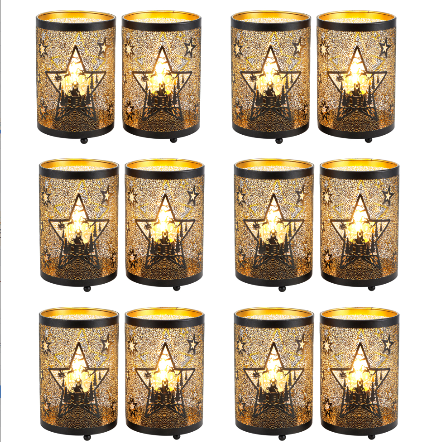12PCS Etched Star lamp Battery Operated 6.5" H Bronze Metal Table Lamp with 6H Timer Decorations for Living Room Tabletop Parties Patio Entryway Indoors Outdoors