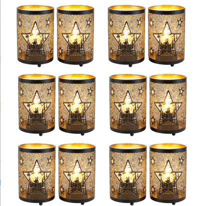 12PCS Etched Star lamp Battery Operated 6.5" H Bronze Metal Table Lamp with 6H Timer Decorations for Living Room Tabletop Parties Patio Entryway Indoors Outdoors
