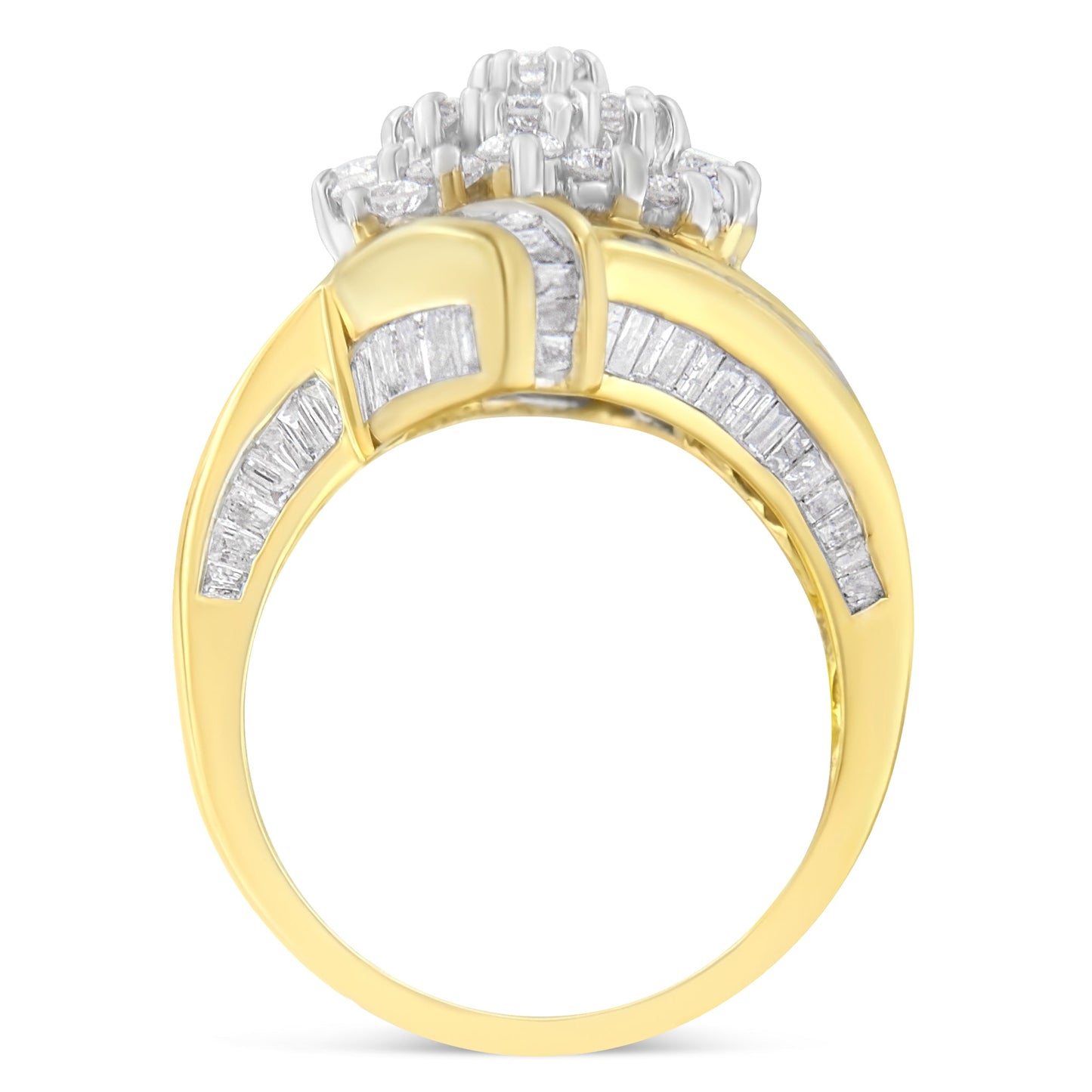10K Yellow Gold Round and Baguette Diamond Crossover Cluster Ring (3 Cttw, I-J Color, I1-I2 Clarity) - Size 7-1/2