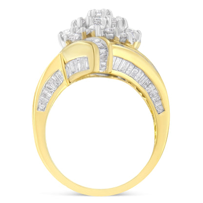 10K Yellow Gold Round and Baguette Diamond Crossover Cluster Ring (3 Cttw, I-J Color, I1-I2 Clarity) - Size 7-1/2
