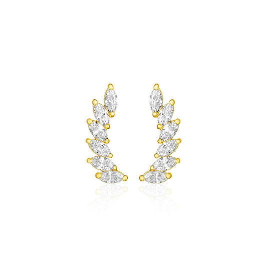 Boucles d'oreilles grimpantes à motif de feuille en or jaune 14 carats avec oxydes de zirconium marquises