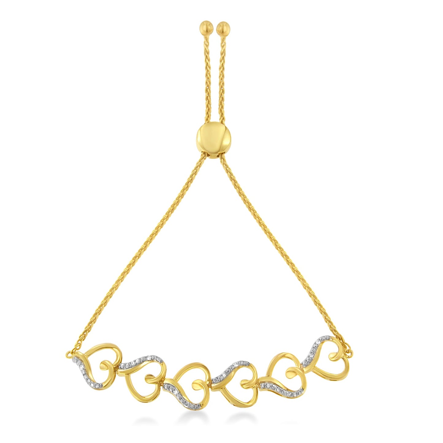 14K Yellow Gold Plated .925 Sterling Silver Diamond Accent Heart Link Bolo Bracelet