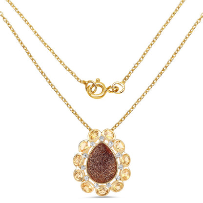 14K Yellow Gold Plated 5.14 Carat Genuine Red Droozi and Citrine .925 Sterling Silver Pendant