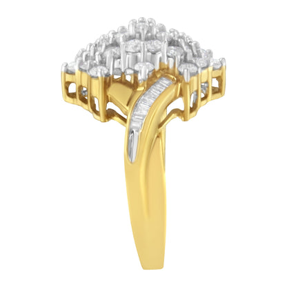 10K Yellow Gold Round And Baguette Cut Diamond Cluster Ring (1 1/10 Cttw, H-I Color, SI2-I1 Clarity) - Size 7