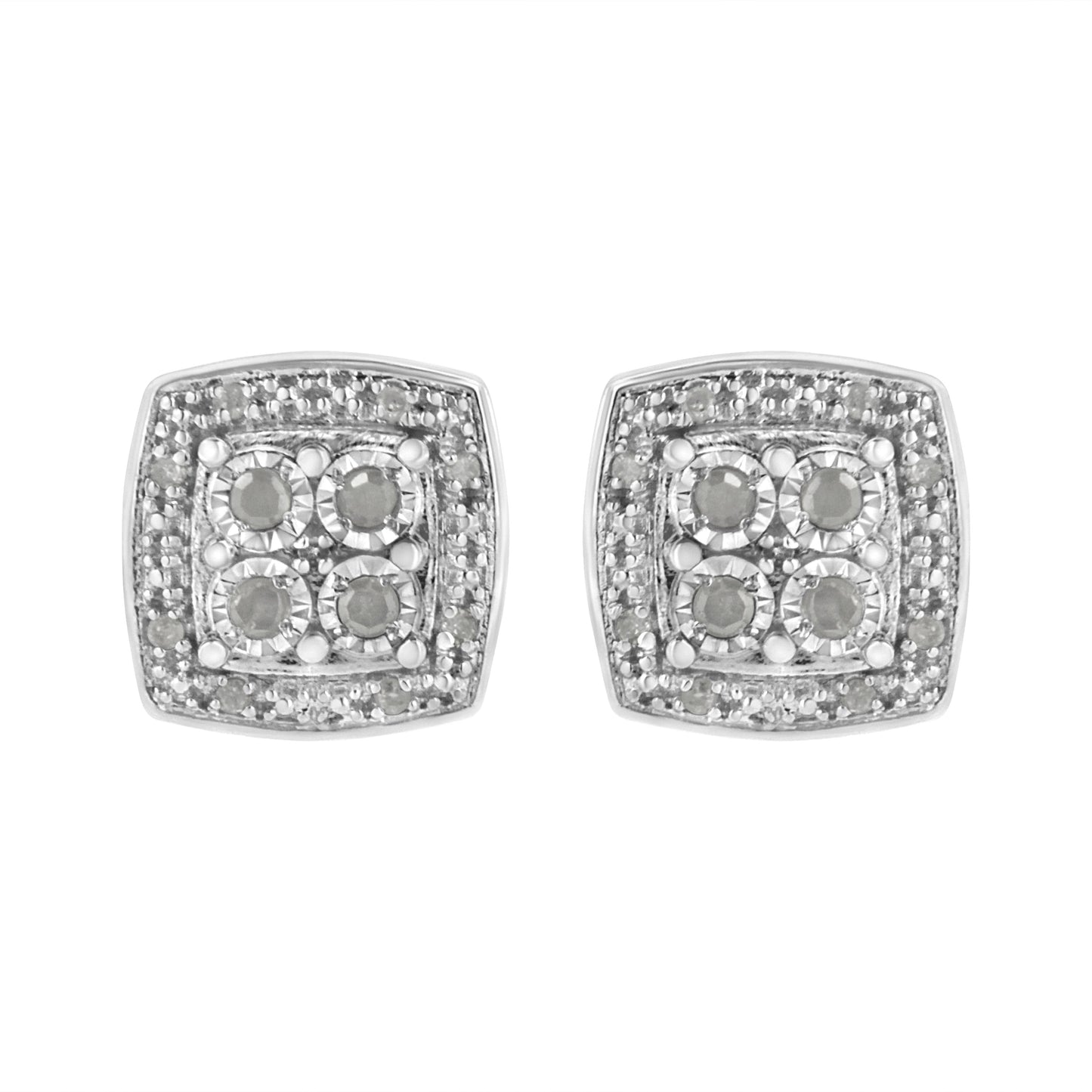 .925 Sterling Silver 1/4 cttw Round Cut Diamond Square Shape Milgrain Stud Earrings (I-J Color, I3 Clarity)