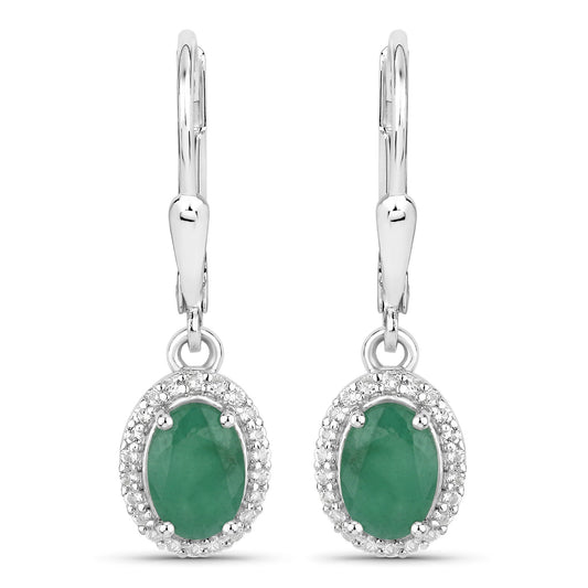1.72 Carat Genuine Emerald and White Topaz .925 Sterling Silver Earrings