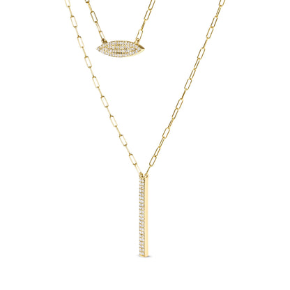 14K Yellow Gold 3/8 Cttw Two-Strand Marquise and Bar Charm Paper Clip Link Pendant Necklace  (I-J Color, I1-I2 Clarity) -18" and 20" Inch Lengths