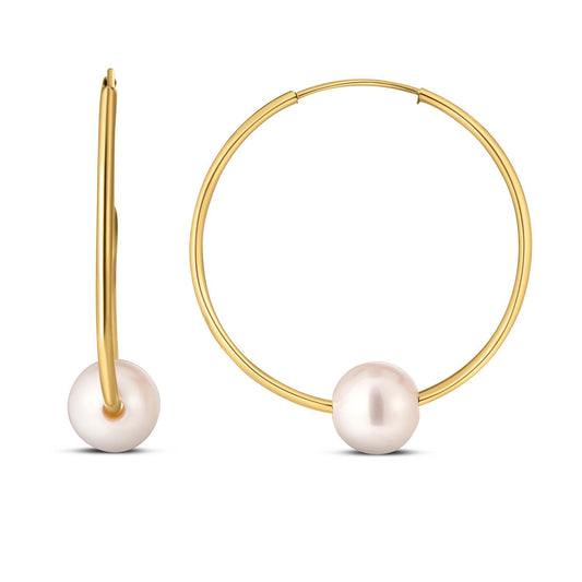 Boucles d'oreilles créoles rondes en or jaune 14 carats avec perle (1x25mm)