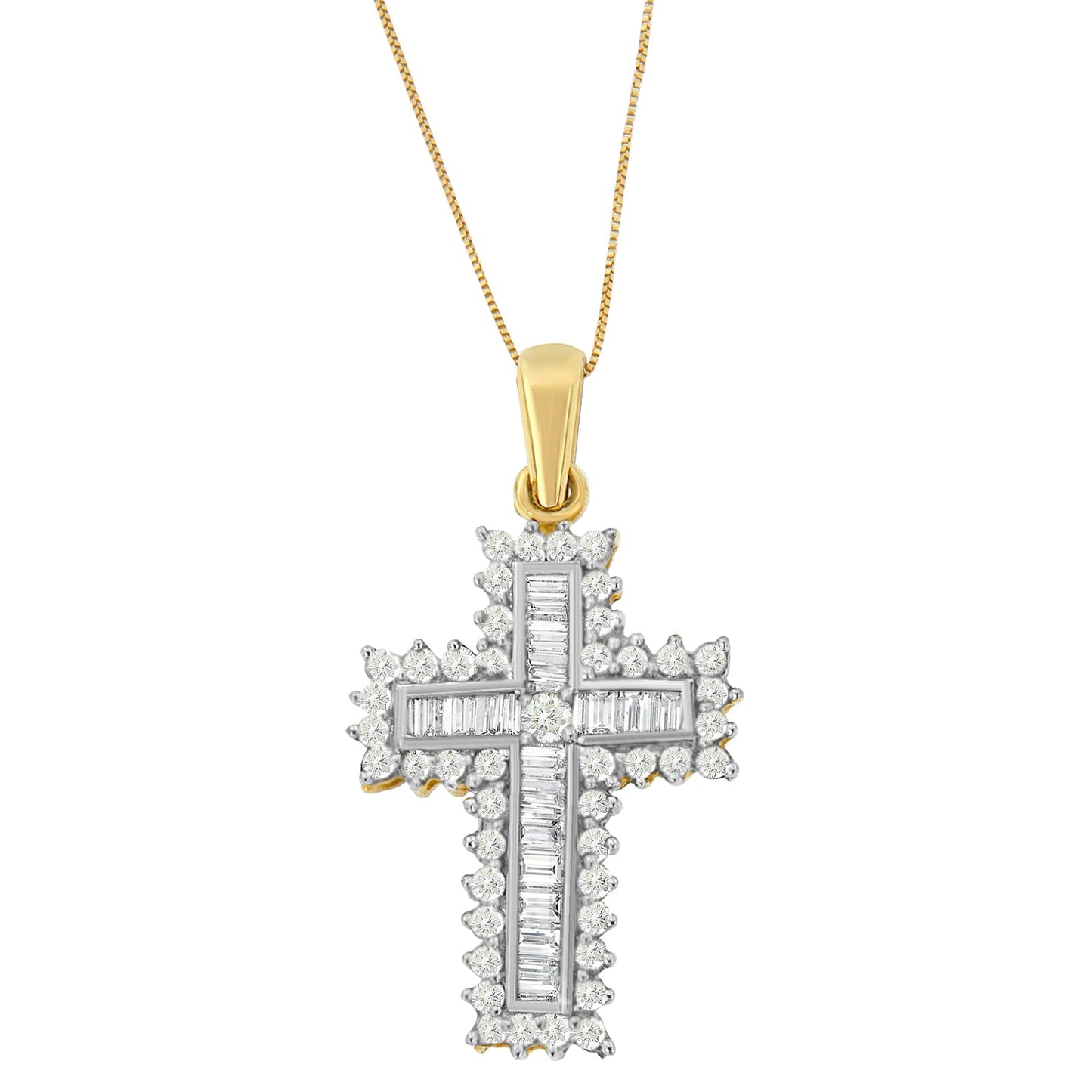 14K Yellow Gold 2.0 Cttw Multi-Row Diamond Cross Pendant Necklace