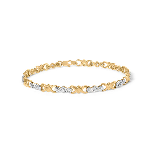 Bracelet en or jaune 10 carats avec diamants 3 pierres et maillons en X de 0,33 carat (couleur I-J, pureté I1-I2) - 7,50 pouces
