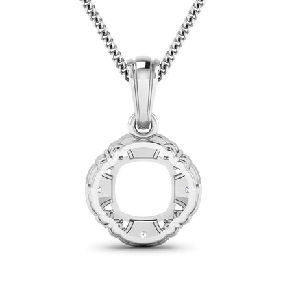 0.09 Carat Genuine White Diamond 14K White Gold Semi Mount Pendant - holds 8x8mm Cushion Gemstone