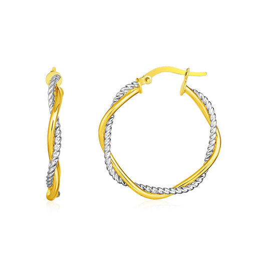 Boucles d'oreilles créoles torsadées rondes texturées bicolores or jaune et blanc 14 carats