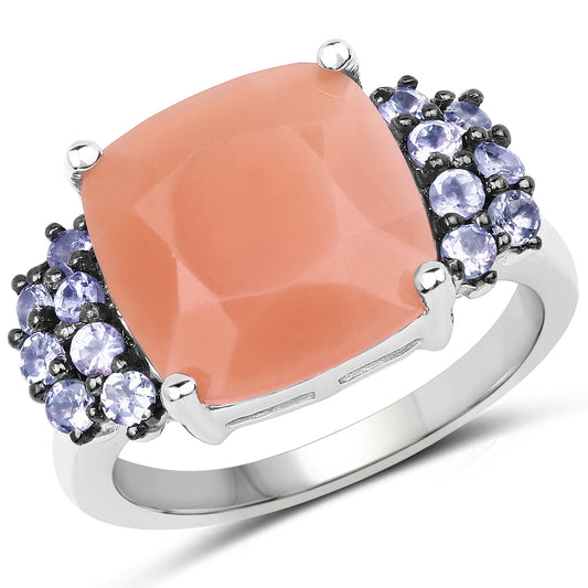 Bague en argent sterling 925 avec pierre de lune pêche véritable de 6,18 carats et tanzanite