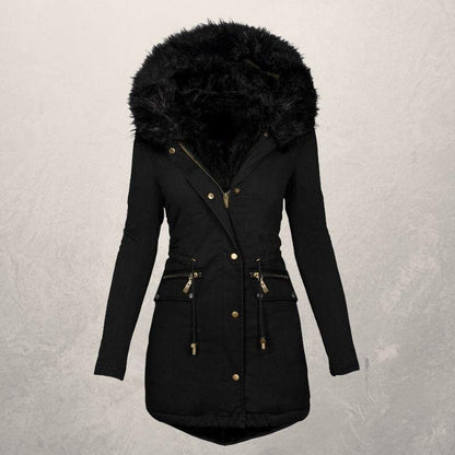 Medium Length Hooded Cotton Padded Jacket with Wool Collar
