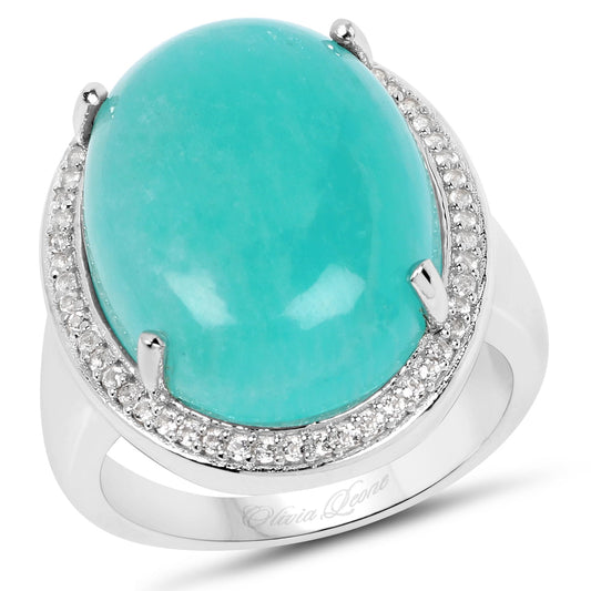 15.09 Carat Genuine Amazanite And White Topaz .925 Sterling Silver Ring