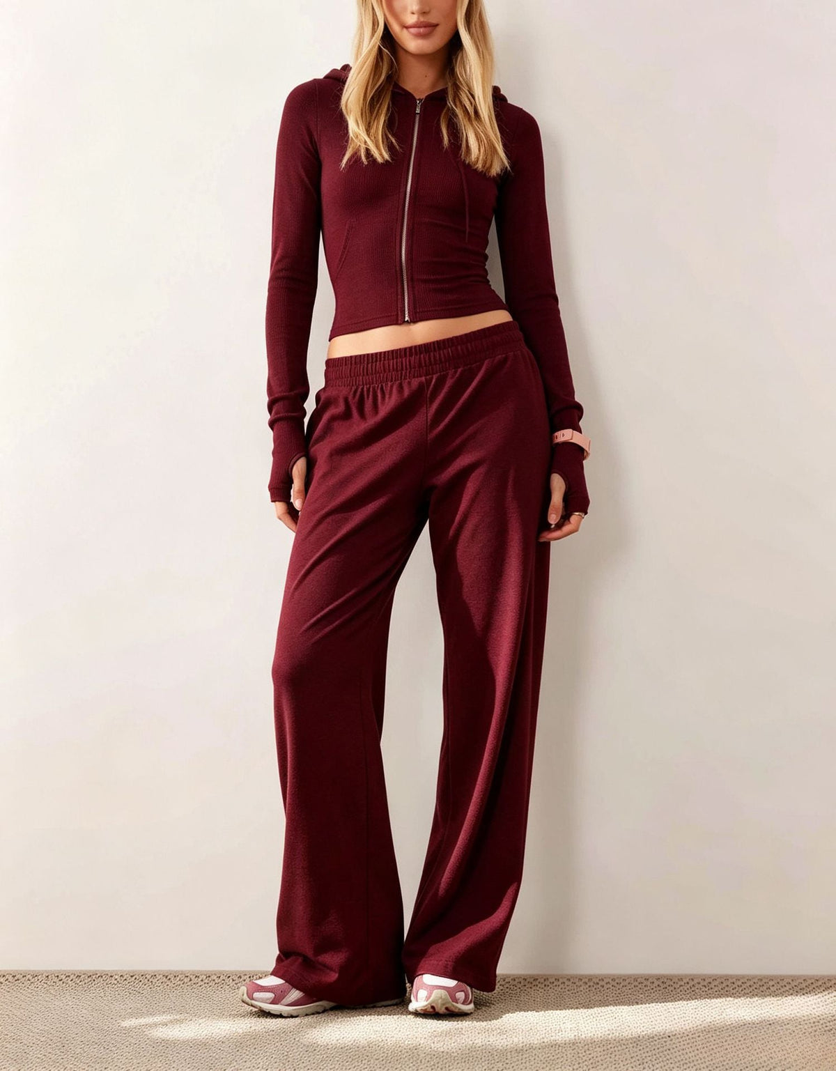 2026 In Stock Autumn Winter European And American Women's Fashion New Casual Hooded Sweatshirt Jacket Solid Color Slim Fit Two Piece Set