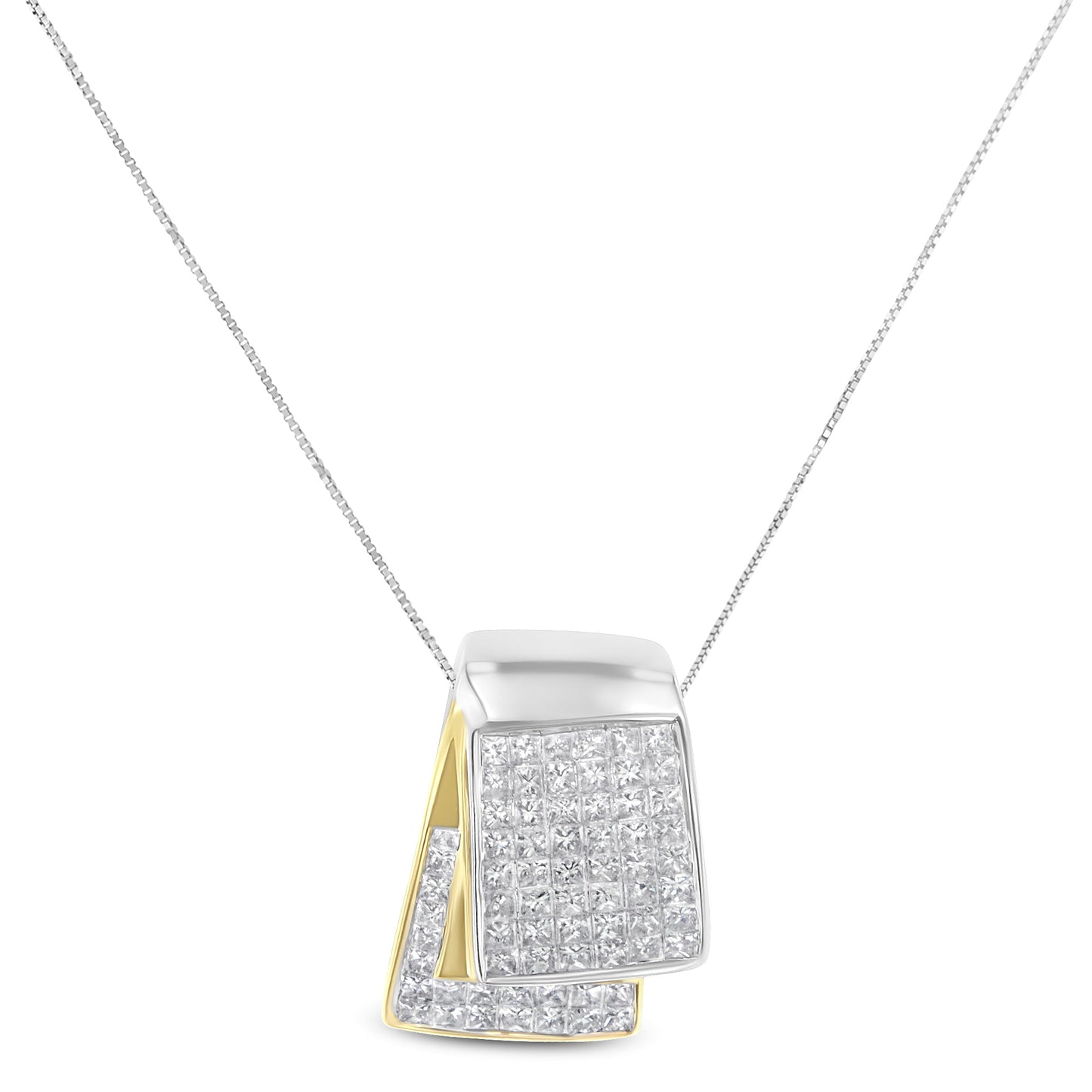 14K White and Yellow Gold 2.0 Cttw Princess Cut Diamond Two Tone Foldover Box Pendant 18â€ Box Chain Necklace (H-I Color, SI1-SI2 Clarity)