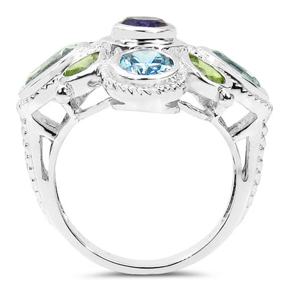 5.13 Carat Genuine Amethyst , Blue Topaz & Peridot .925 Sterling Silver Ring