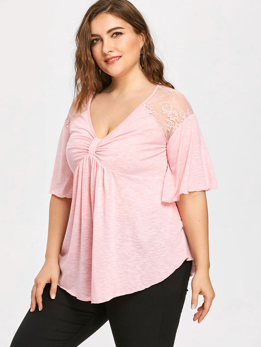 Camiseta de encaje irregular de talla grande para mujer 2018