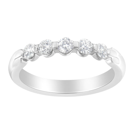 Bague anneau 5 pierres en or blanc 14 carats, diamants 1/2 carat total (Clarté H-I, Couleur SI2-I1) - Taille 7