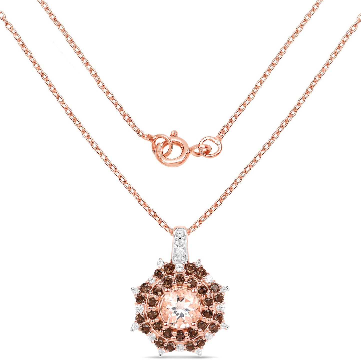 18K Rose Gold Plated 1.61 Carat Genuine Morganite, Smoky Quartz and White Zircon .925 Sterling Silver Pendant