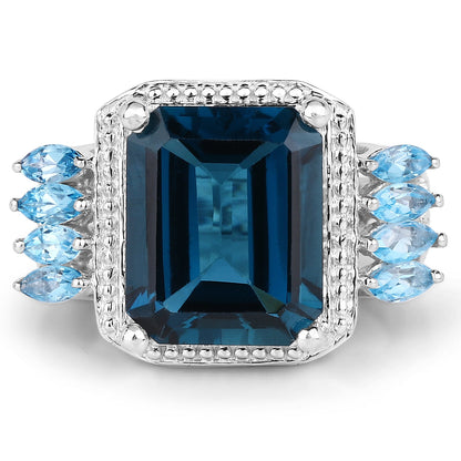 8.17 Carat Genuine London Blue Topaz and Swiss Blue Topaz .925 Sterling Silver Ring