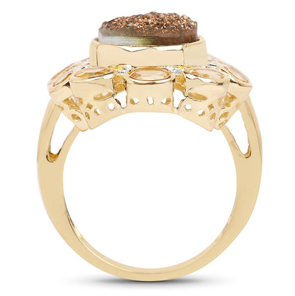 5.14 Carat Genuine Bronze Drusy and Citrine .925 Sterling Silver Ring