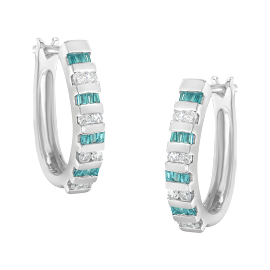 10k White Gold Round and Blue Baguette 1/2 cttw Diamond Hoop Earrings (I-J Color, I2-I3 Clarity)